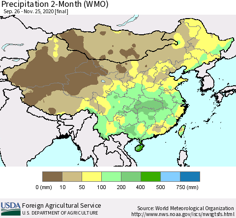China, Mongolia and Taiwan Precipitation 2-Month (WMO) Thematic Map For 9/26/2020 - 11/25/2020