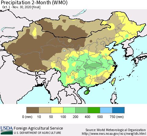 China, Mongolia and Taiwan Precipitation 2-Month (WMO) Thematic Map For 10/1/2020 - 11/30/2020