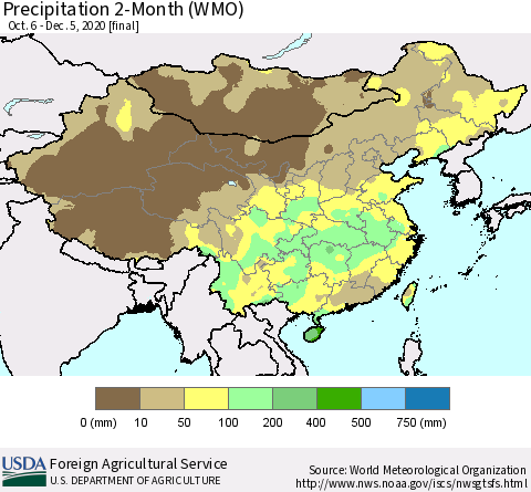 China, Mongolia and Taiwan Precipitation 2-Month (WMO) Thematic Map For 10/6/2020 - 12/5/2020