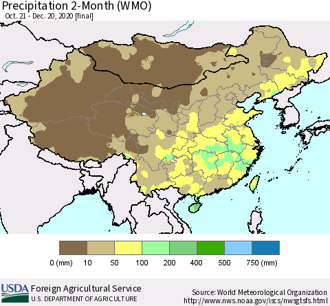 China, Mongolia and Taiwan Precipitation 2-Month (WMO) Thematic Map For 10/21/2020 - 12/20/2020