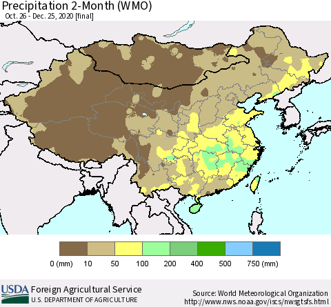 China, Mongolia and Taiwan Precipitation 2-Month (WMO) Thematic Map For 10/26/2020 - 12/25/2020