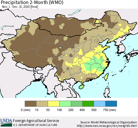 China, Mongolia and Taiwan Precipitation 2-Month (WMO) Thematic Map For 11/1/2020 - 12/31/2020