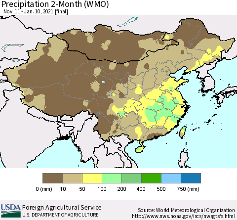 China, Mongolia and Taiwan Precipitation 2-Month (WMO) Thematic Map For 11/11/2020 - 1/10/2021