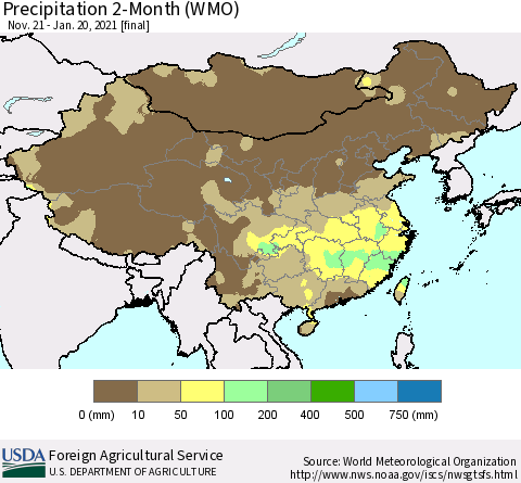 China, Mongolia and Taiwan Precipitation 2-Month (WMO) Thematic Map For 11/21/2020 - 1/20/2021