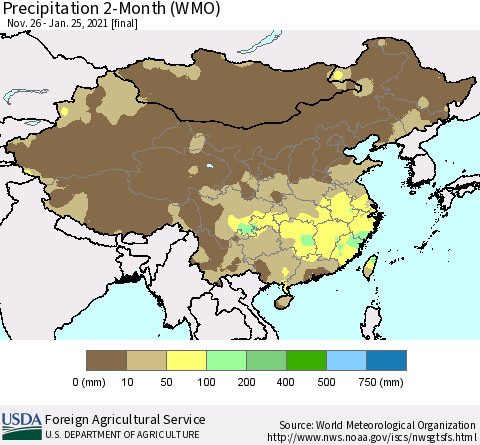 China, Mongolia and Taiwan Precipitation 2-Month (WMO) Thematic Map For 11/26/2020 - 1/25/2021
