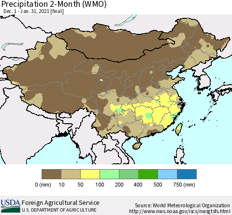 China, Mongolia and Taiwan Precipitation 2-Month (WMO) Thematic Map For 12/1/2020 - 1/31/2021