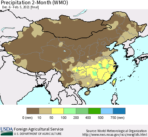 China, Mongolia and Taiwan Precipitation 2-Month (WMO) Thematic Map For 12/6/2020 - 2/5/2021