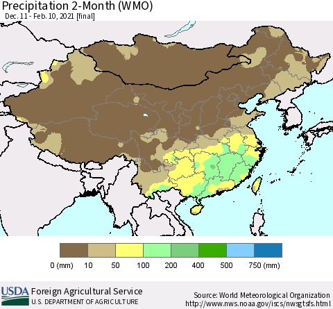 China, Mongolia and Taiwan Precipitation 2-Month (WMO) Thematic Map For 12/11/2020 - 2/10/2021