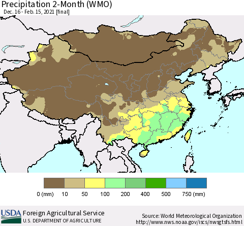 China, Mongolia and Taiwan Precipitation 2-Month (WMO) Thematic Map For 12/16/2020 - 2/15/2021