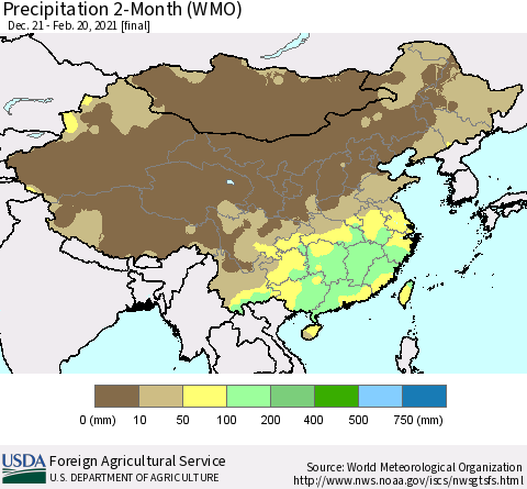 China, Mongolia and Taiwan Precipitation 2-Month (WMO) Thematic Map For 12/21/2020 - 2/20/2021