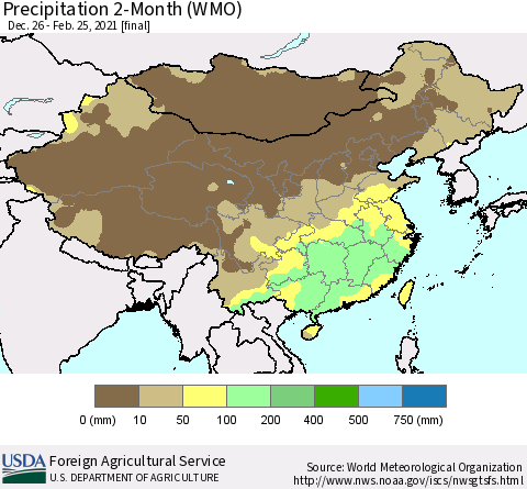 China, Mongolia and Taiwan Precipitation 2-Month (WMO) Thematic Map For 12/26/2020 - 2/25/2021
