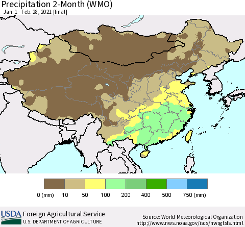 China, Mongolia and Taiwan Precipitation 2-Month (WMO) Thematic Map For 1/1/2021 - 2/28/2021