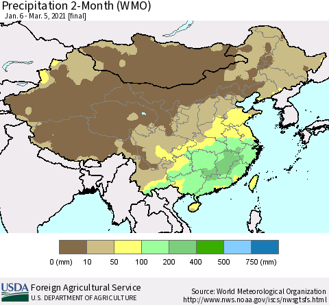 China, Mongolia and Taiwan Precipitation 2-Month (WMO) Thematic Map For 1/6/2021 - 3/5/2021