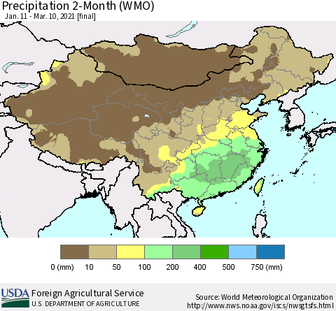 China, Mongolia and Taiwan Precipitation 2-Month (WMO) Thematic Map For 1/11/2021 - 3/10/2021