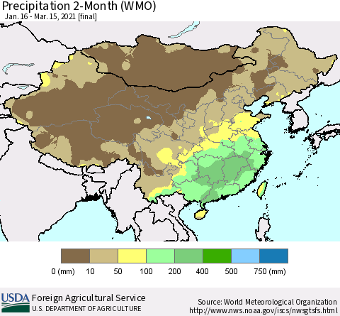 China, Mongolia and Taiwan Precipitation 2-Month (WMO) Thematic Map For 1/16/2021 - 3/15/2021