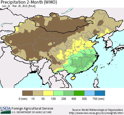 China, Mongolia and Taiwan Precipitation 2-Month (WMO) Thematic Map For 1/21/2021 - 3/20/2021