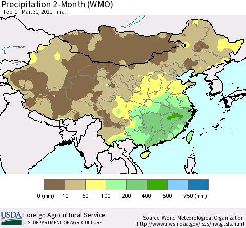 China, Mongolia and Taiwan Precipitation 2-Month (WMO) Thematic Map For 2/1/2021 - 3/31/2021