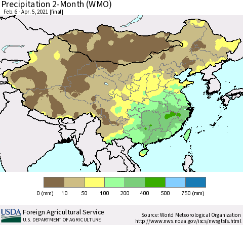 China, Mongolia and Taiwan Precipitation 2-Month (WMO) Thematic Map For 2/6/2021 - 4/5/2021