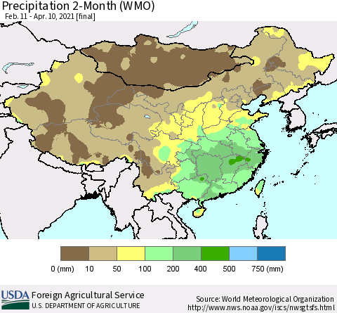 China, Mongolia and Taiwan Precipitation 2-Month (WMO) Thematic Map For 2/11/2021 - 4/10/2021