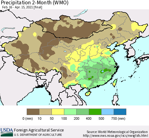 China, Mongolia and Taiwan Precipitation 2-Month (WMO) Thematic Map For 2/16/2021 - 4/15/2021