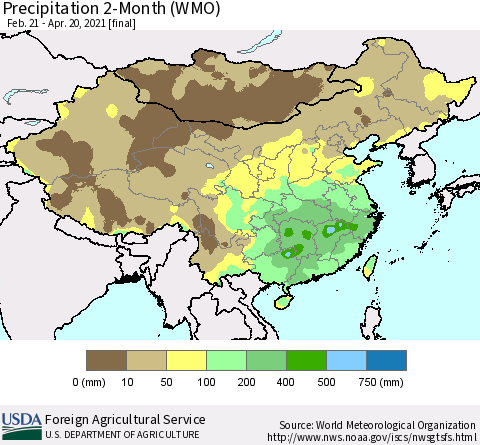 China, Mongolia and Taiwan Precipitation 2-Month (WMO) Thematic Map For 2/21/2021 - 4/20/2021