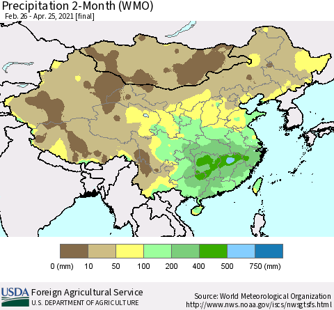 China, Mongolia and Taiwan Precipitation 2-Month (WMO) Thematic Map For 2/26/2021 - 4/25/2021
