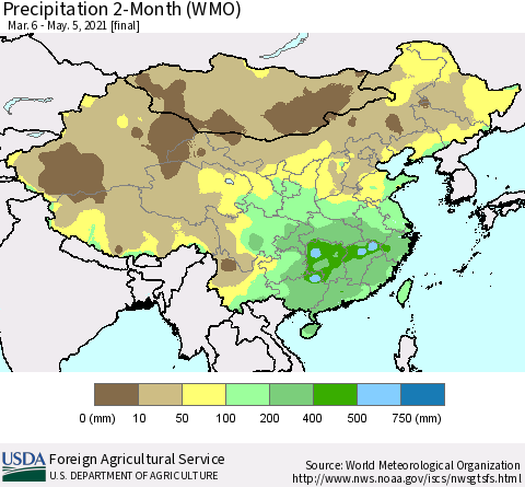 China, Mongolia and Taiwan Precipitation 2-Month (WMO) Thematic Map For 3/6/2021 - 5/5/2021