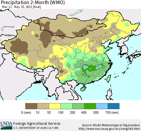 China, Mongolia and Taiwan Precipitation 2-Month (WMO) Thematic Map For 3/11/2021 - 5/10/2021