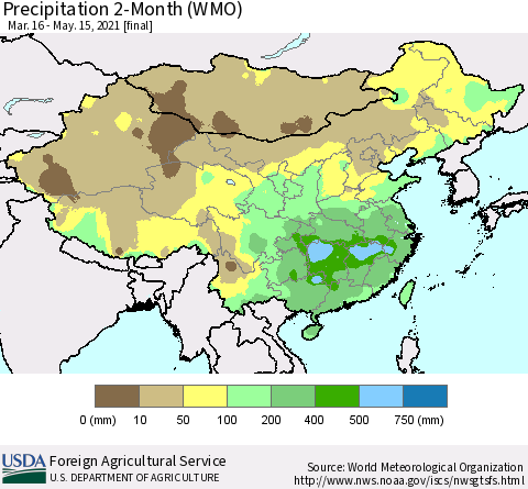 China, Mongolia and Taiwan Precipitation 2-Month (WMO) Thematic Map For 3/16/2021 - 5/15/2021