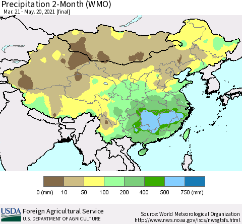 China, Mongolia and Taiwan Precipitation 2-Month (WMO) Thematic Map For 3/21/2021 - 5/20/2021