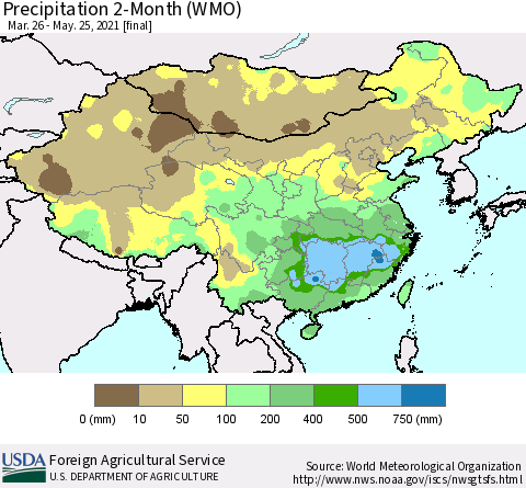 China, Mongolia and Taiwan Precipitation 2-Month (WMO) Thematic Map For 3/26/2021 - 5/25/2021
