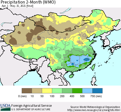 China, Mongolia and Taiwan Precipitation 2-Month (WMO) Thematic Map For 4/1/2021 - 5/31/2021
