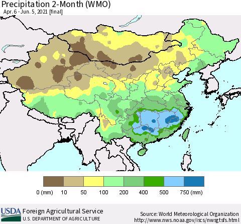 China, Mongolia and Taiwan Precipitation 2-Month (WMO) Thematic Map For 4/6/2021 - 6/5/2021