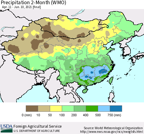 China, Mongolia and Taiwan Precipitation 2-Month (WMO) Thematic Map For 4/11/2021 - 6/10/2021