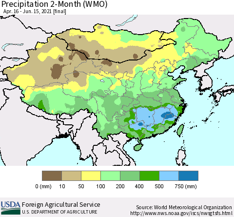 China, Mongolia and Taiwan Precipitation 2-Month (WMO) Thematic Map For 4/16/2021 - 6/15/2021