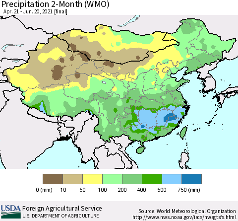 China, Mongolia and Taiwan Precipitation 2-Month (WMO) Thematic Map For 4/21/2021 - 6/20/2021