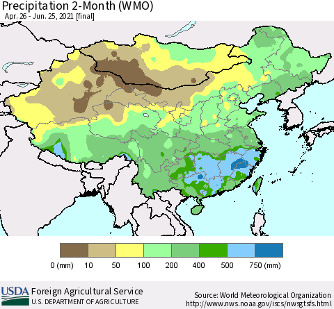 China, Mongolia and Taiwan Precipitation 2-Month (WMO) Thematic Map For 4/26/2021 - 6/25/2021
