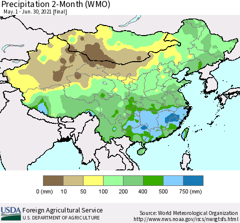 China, Mongolia and Taiwan Precipitation 2-Month (WMO) Thematic Map For 5/1/2021 - 6/30/2021