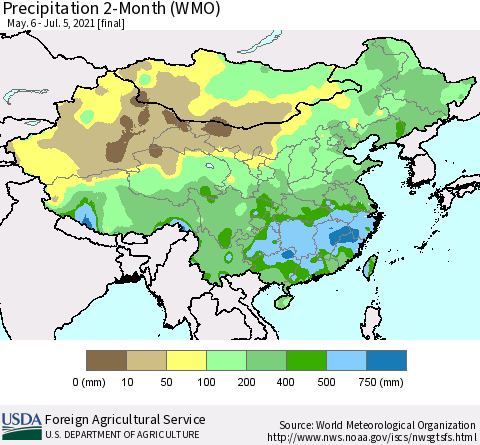 China, Mongolia and Taiwan Precipitation 2-Month (WMO) Thematic Map For 5/6/2021 - 7/5/2021