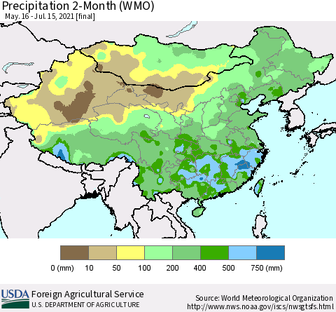 China, Mongolia and Taiwan Precipitation 2-Month (WMO) Thematic Map For 5/16/2021 - 7/15/2021
