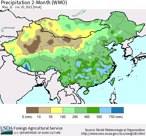China, Mongolia and Taiwan Precipitation 2-Month (WMO) Thematic Map For 5/21/2021 - 7/20/2021