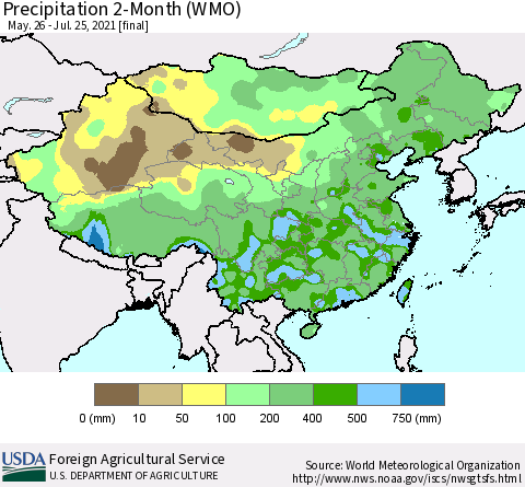 China, Mongolia and Taiwan Precipitation 2-Month (WMO) Thematic Map For 5/26/2021 - 7/25/2021