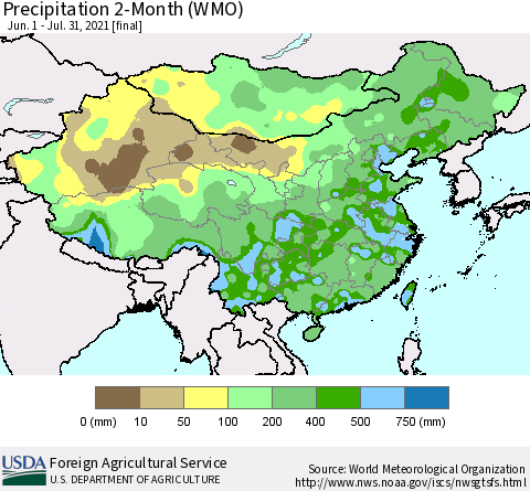 China, Mongolia and Taiwan Precipitation 2-Month (WMO) Thematic Map For 6/1/2021 - 7/31/2021