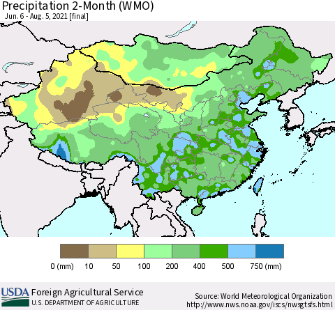 China, Mongolia and Taiwan Precipitation 2-Month (WMO) Thematic Map For 6/6/2021 - 8/5/2021