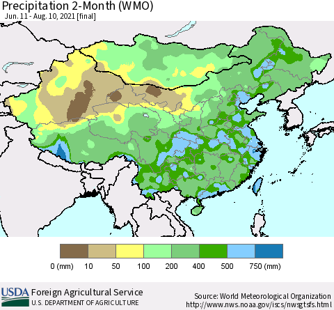 China, Mongolia and Taiwan Precipitation 2-Month (WMO) Thematic Map For 6/11/2021 - 8/10/2021