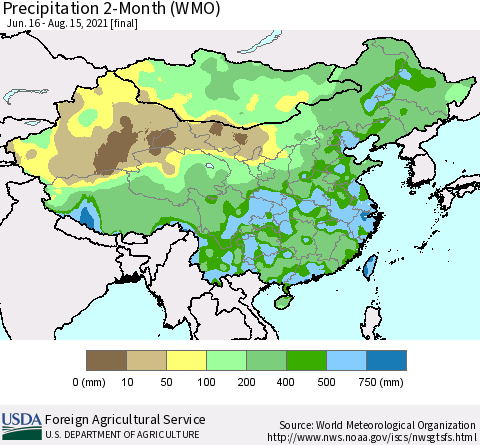 China, Mongolia and Taiwan Precipitation 2-Month (WMO) Thematic Map For 6/16/2021 - 8/15/2021