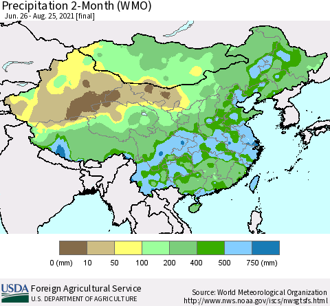 China, Mongolia and Taiwan Precipitation 2-Month (WMO) Thematic Map For 6/26/2021 - 8/25/2021