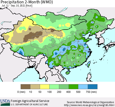 China, Mongolia and Taiwan Precipitation 2-Month (WMO) Thematic Map For 7/11/2021 - 9/10/2021