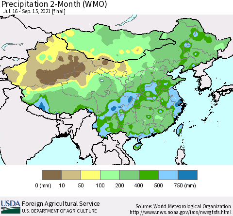 China, Mongolia and Taiwan Precipitation 2-Month (WMO) Thematic Map For 7/16/2021 - 9/15/2021