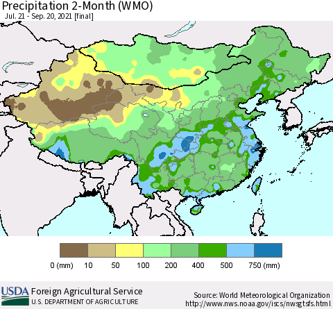 China, Mongolia and Taiwan Precipitation 2-Month (WMO) Thematic Map For 7/21/2021 - 9/20/2021